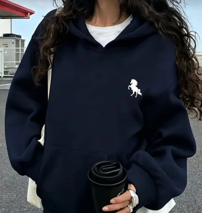 Sweat à capuche oversize bleu marine avec broderie cheval