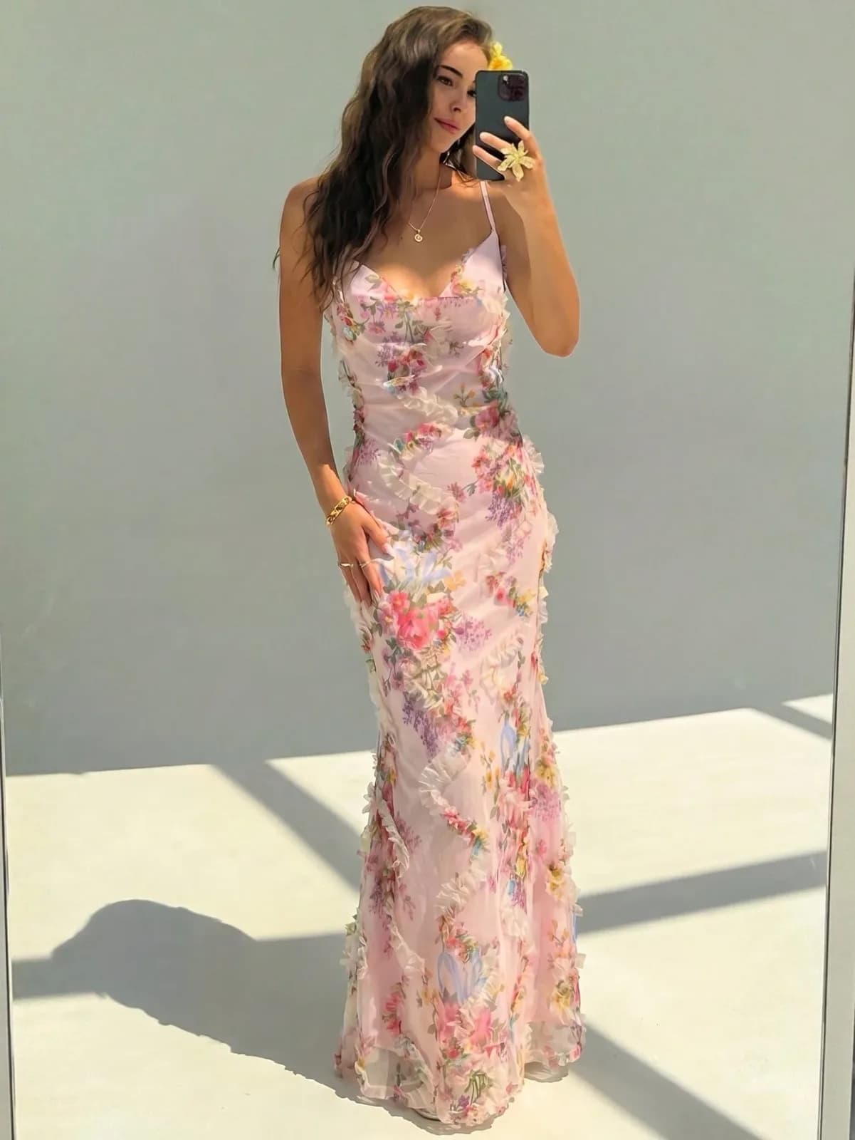 Robe longue sirène à imprimé floral 3D et volants