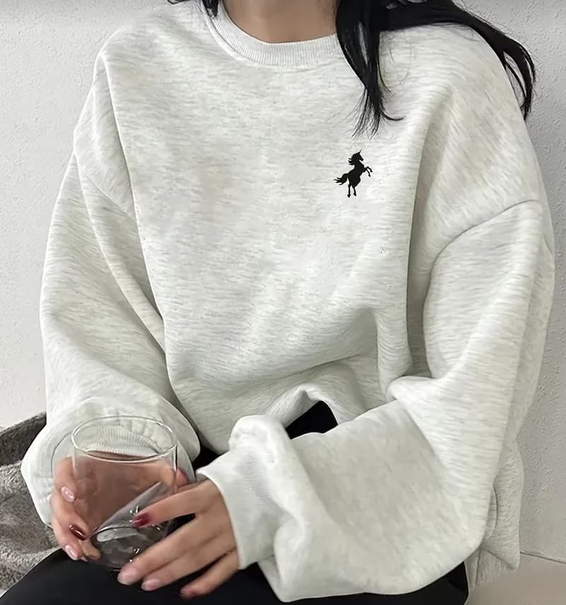 Sweat-shirt oversize gris Chine avec broderie cheval à col rond