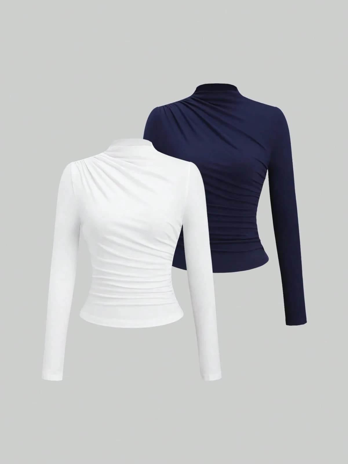Lot de 2 tops ajustés à col montant demi-cheminée et fronçances (beige et bordeaux)
