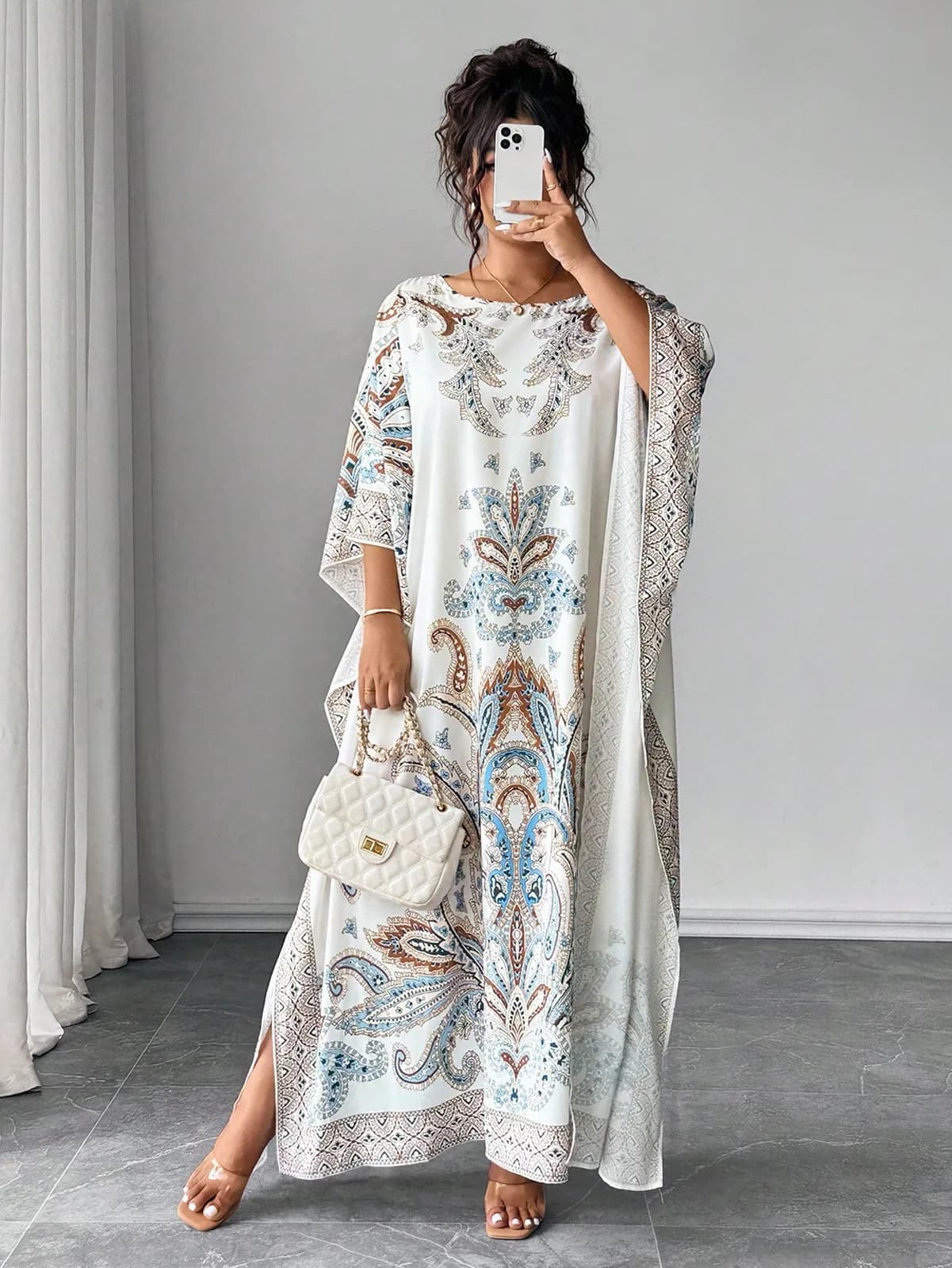 Elenzga Plus Size Batwing Sleeve Round Neck Printed Loose Fit Vacation & Party Dress Abaya Dubai