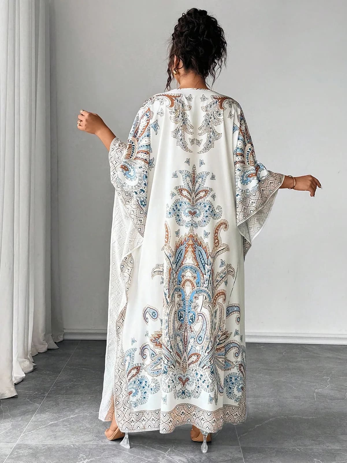 Elenzga Plus Size Batwing Sleeve Round Neck Printed Loose Fit Vacation & Party Dress Abaya Dubai