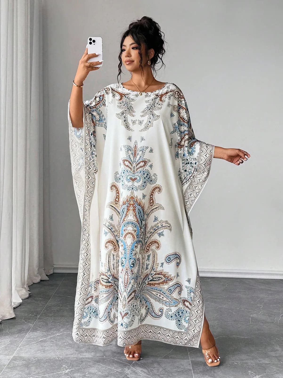 Elenzga Plus Size Batwing Sleeve Round Neck Printed Loose Fit Vacation & Party Dress Abaya Dubai