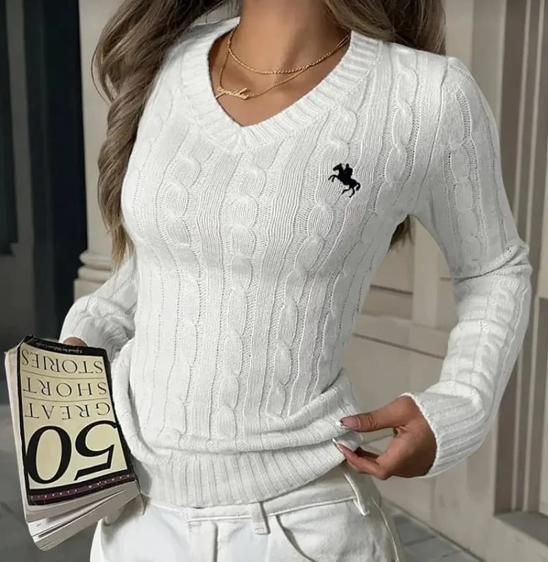 Pull ajusté en maille torsadée bordeaux col V avec broderie cavalier