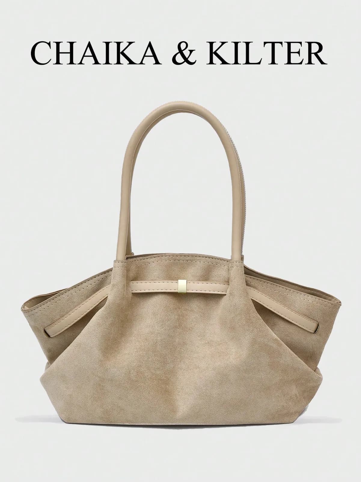 Sac cabas porté épaule en suédine beige à silhouette froncée