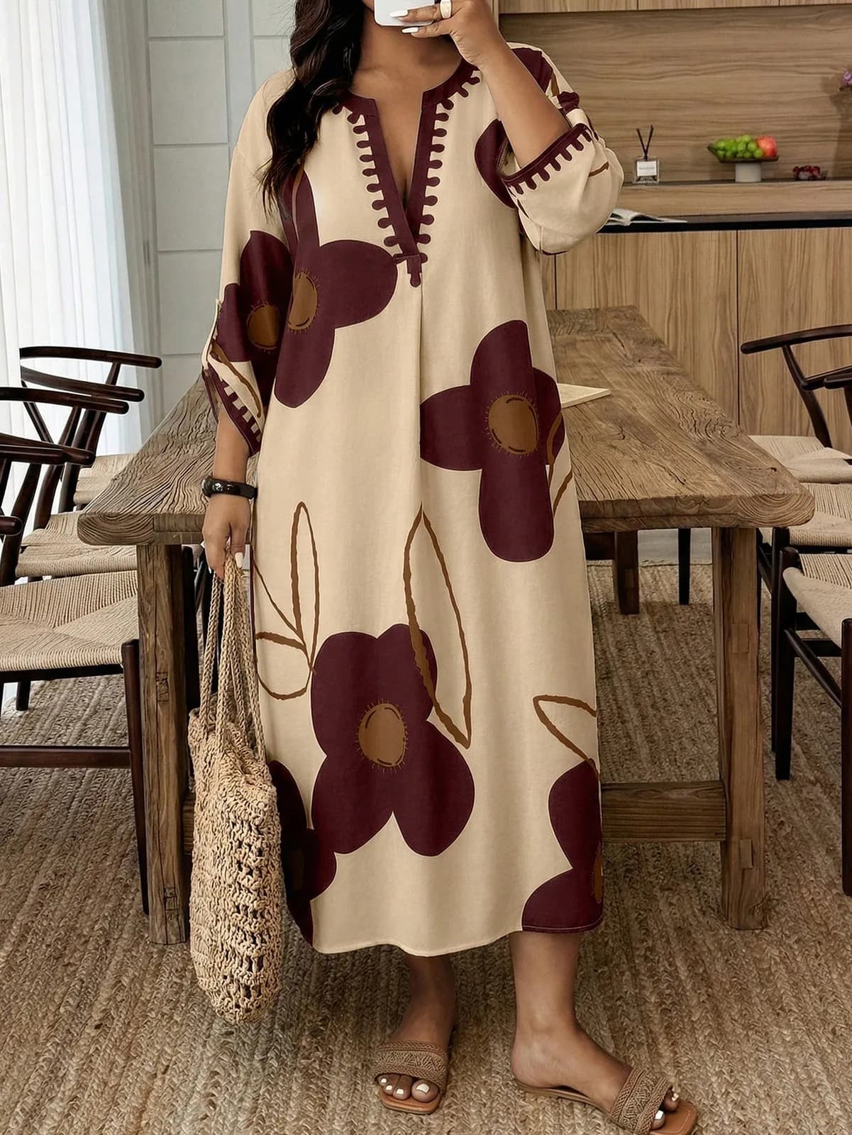 Spring/Summer V-Neck Large Floral Print Loose Long Sleeve Casual Beach Vacation Dress Plus Size Elegant