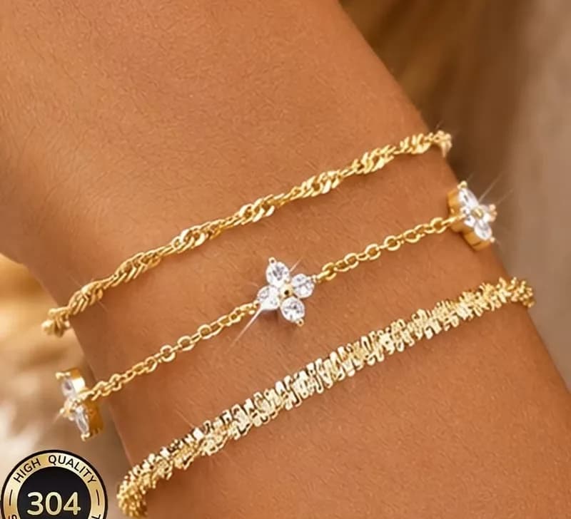 Ensemble de 3 bracelets dorés en acier inoxydable avec fleur en strass