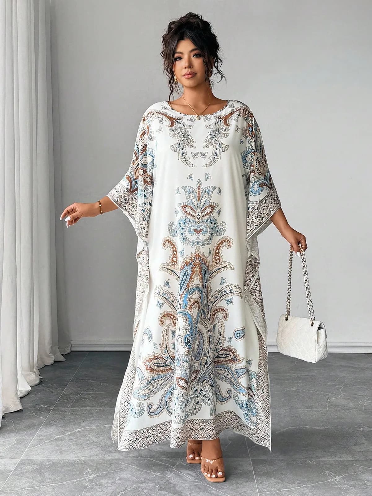 Elenzga Plus Size Batwing Sleeve Round Neck Printed Loose Fit Vacation & Party Dress Abaya Dubai