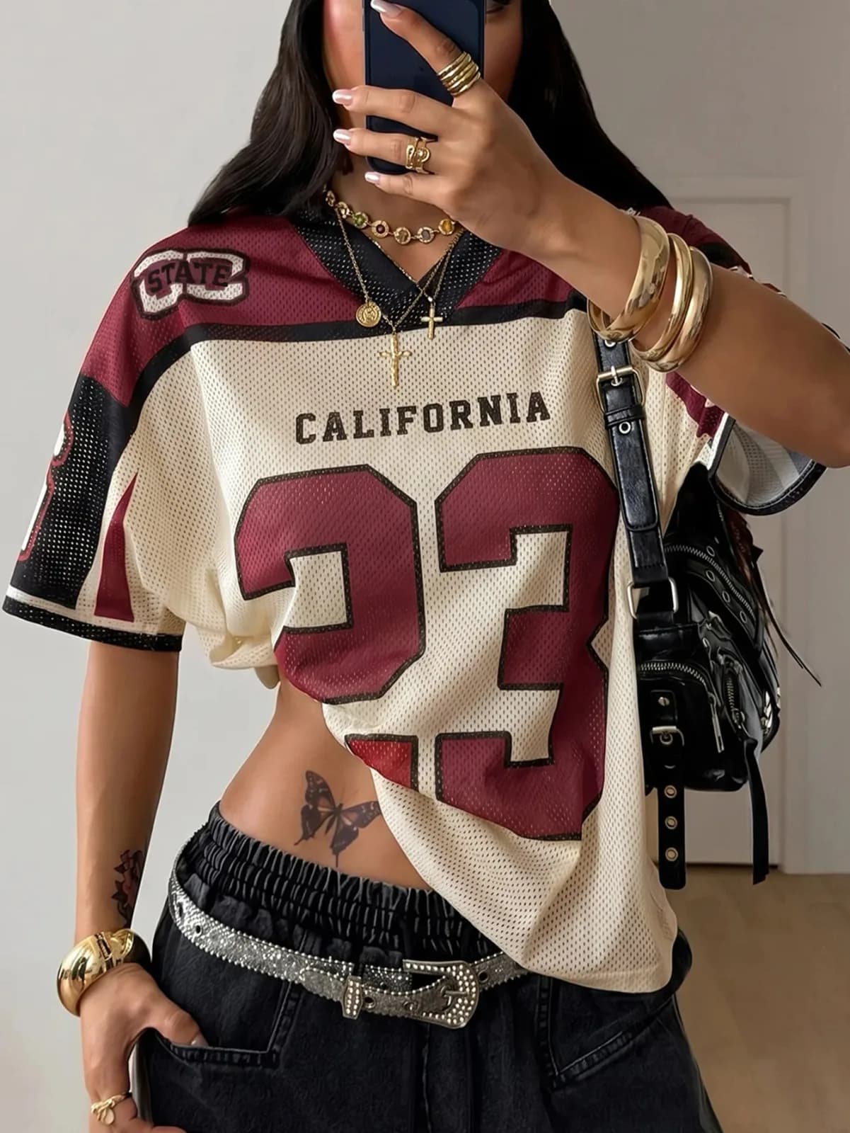 Maillot de football américain bicolore style Y2K "California 23" en maille filet