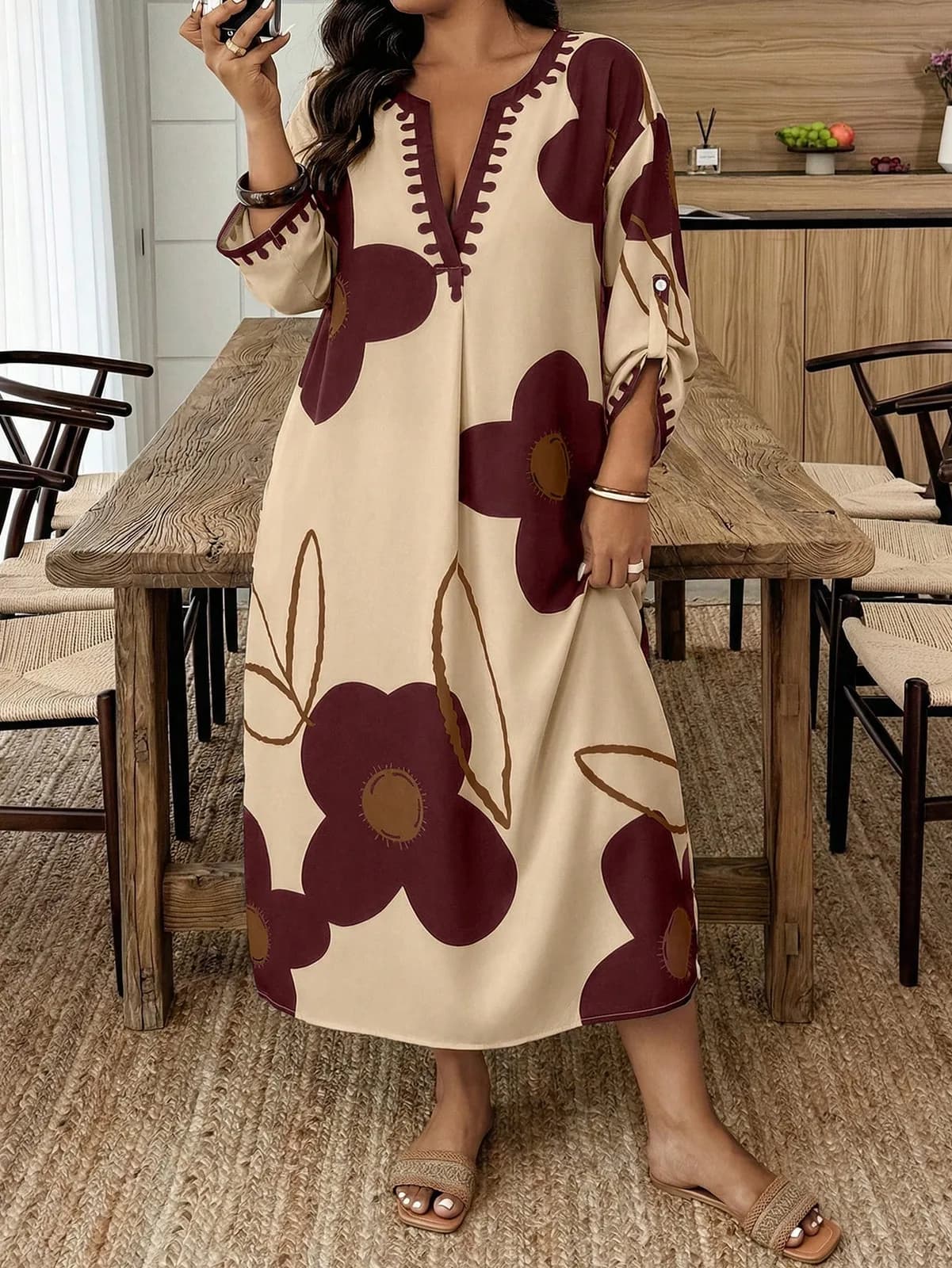 Spring/Summer V-Neck Large Floral Print Loose Long Sleeve Casual Beach Vacation Dress Plus Size Elegant
