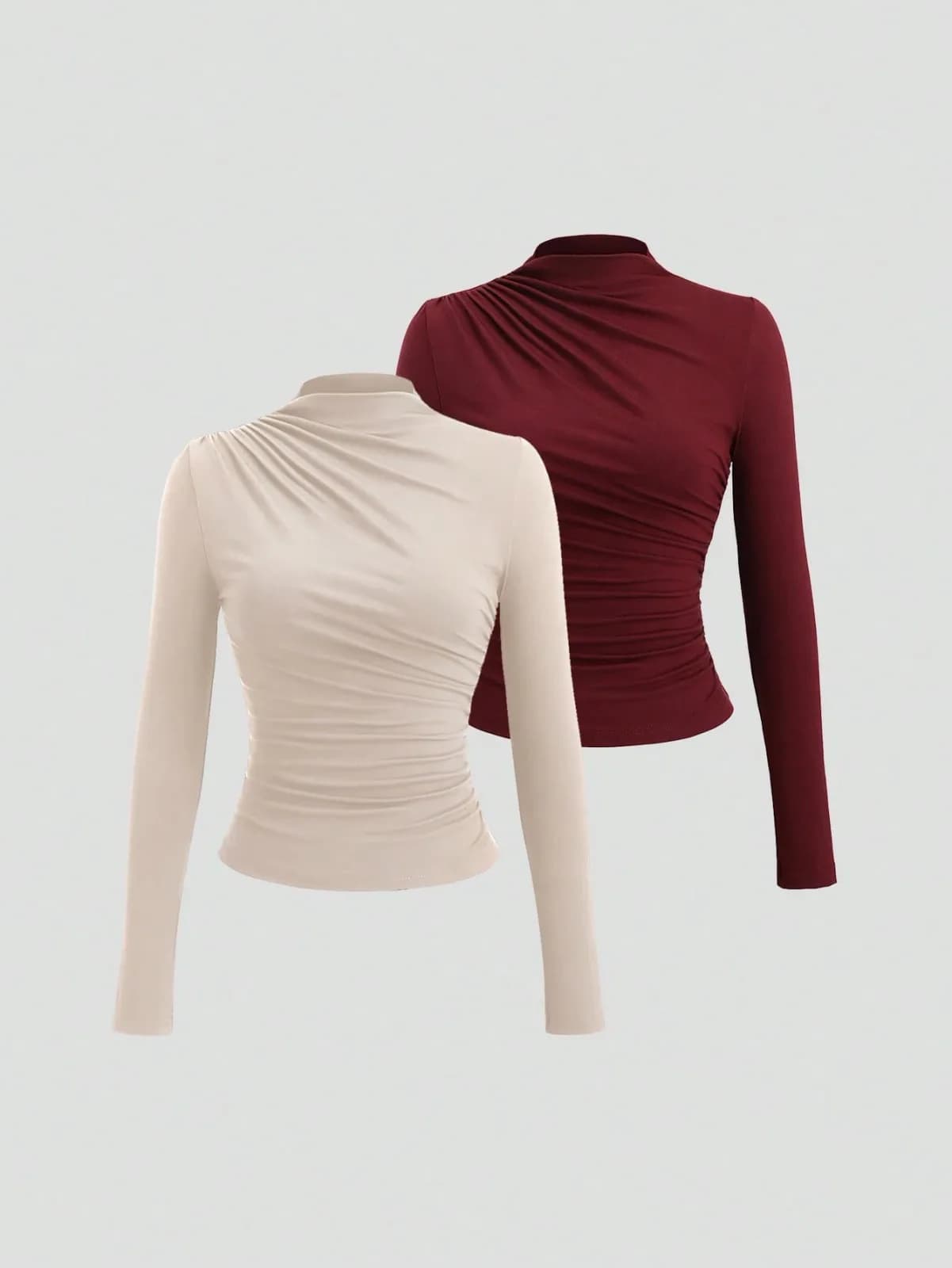 Lot de 2 tops ajustés à col montant demi-cheminée et fronçances (beige et bordeaux)