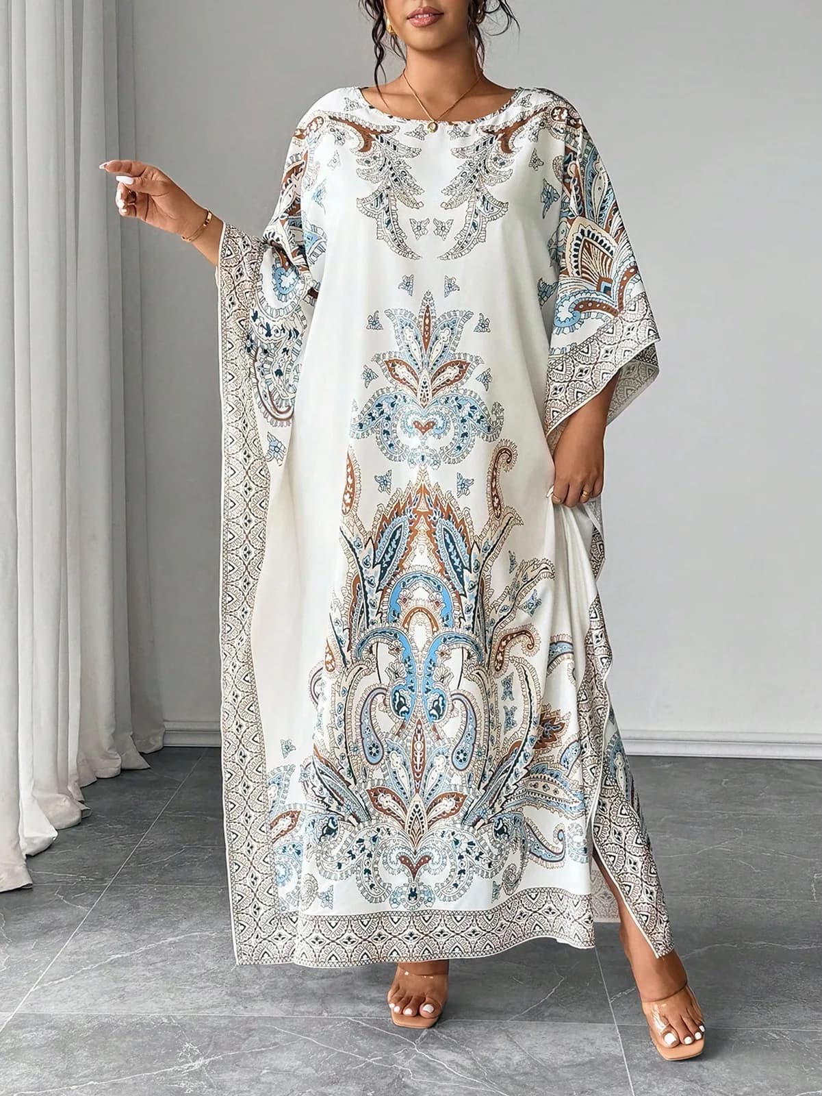 Elenzga Plus Size Batwing Sleeve Round Neck Printed Loose Fit Vacation & Party Dress Abaya Dubai