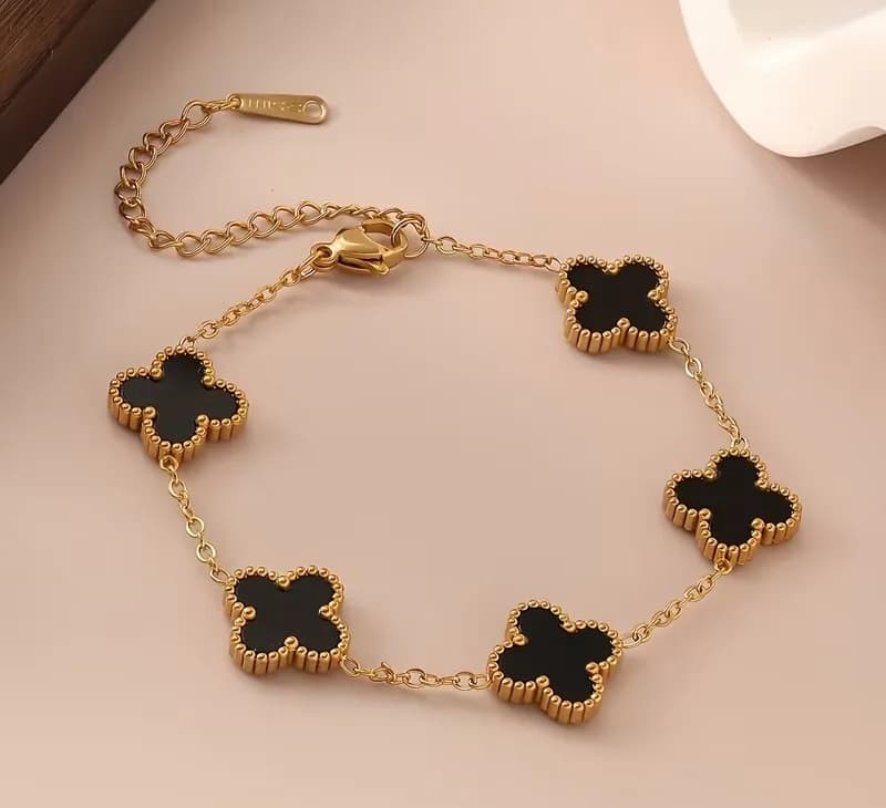 Bracelet trèfle à 5 motifs en acier inoxydable doré