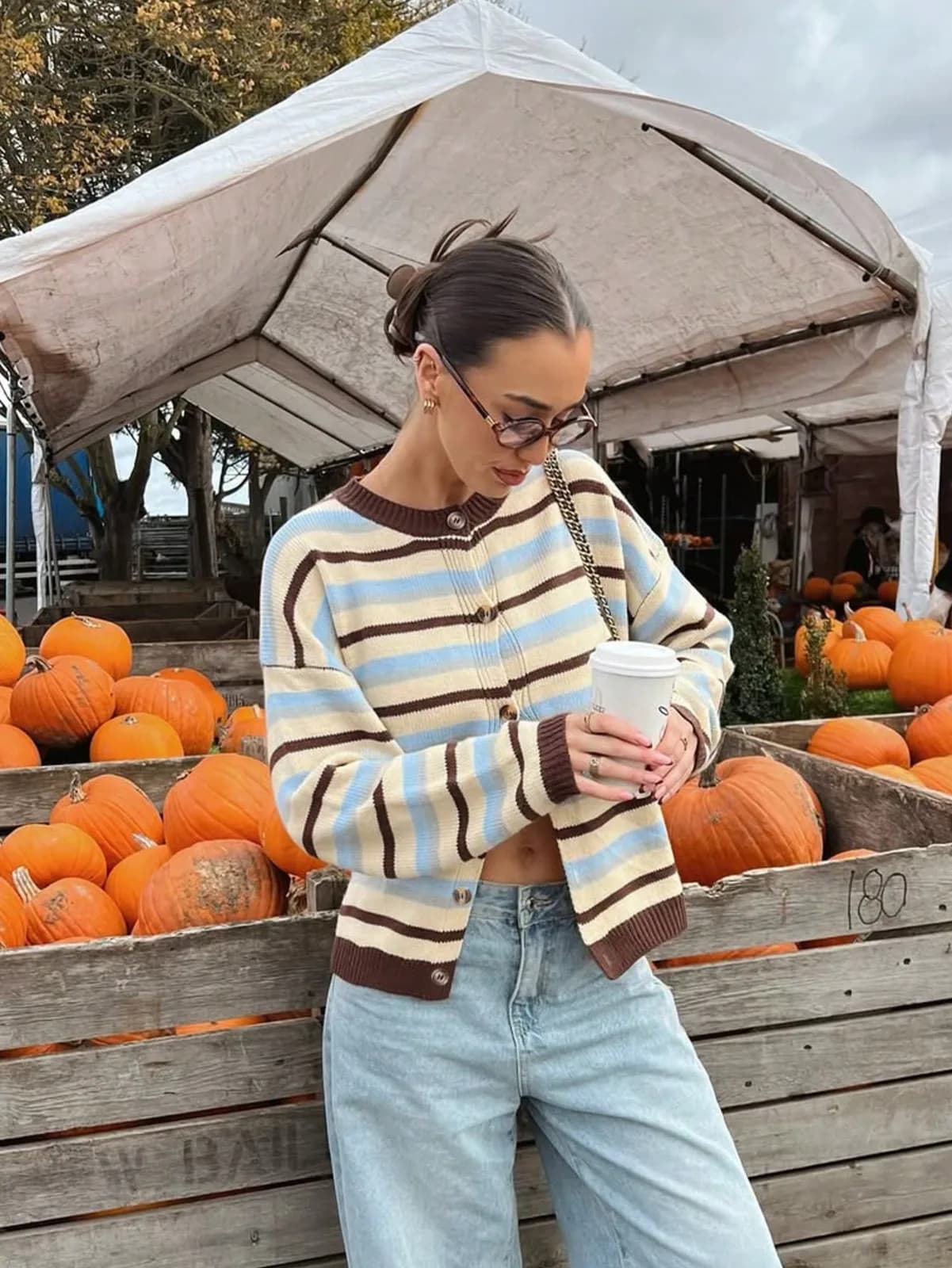 Cardigan en maille rayée marron, bleu ciel et beige à col rond