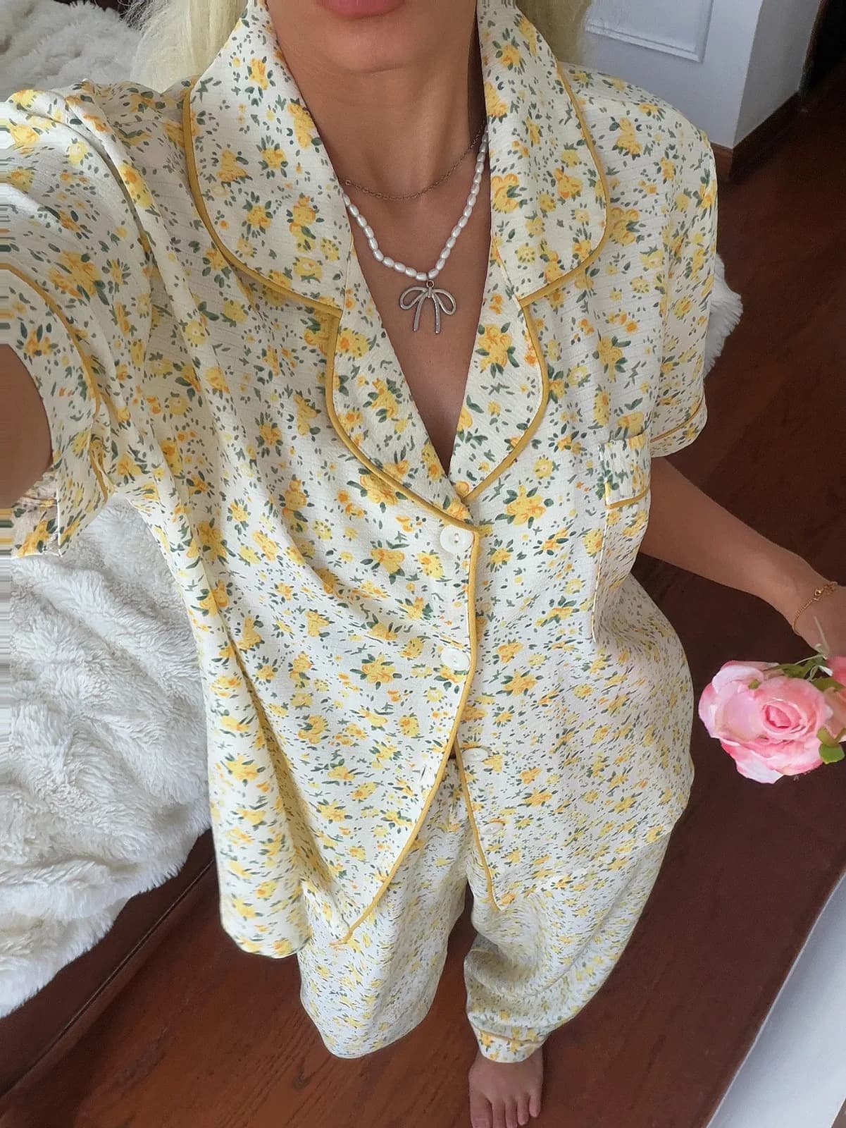 Ensemble de pyjama 2 pièces floral bleu imprimé fleuri avec liseré assorti