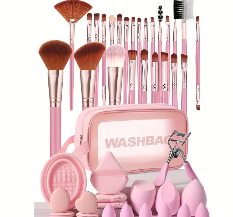 Kit complet d'outils de maquillage 46 pièces avec trousse et pinceaux rose
