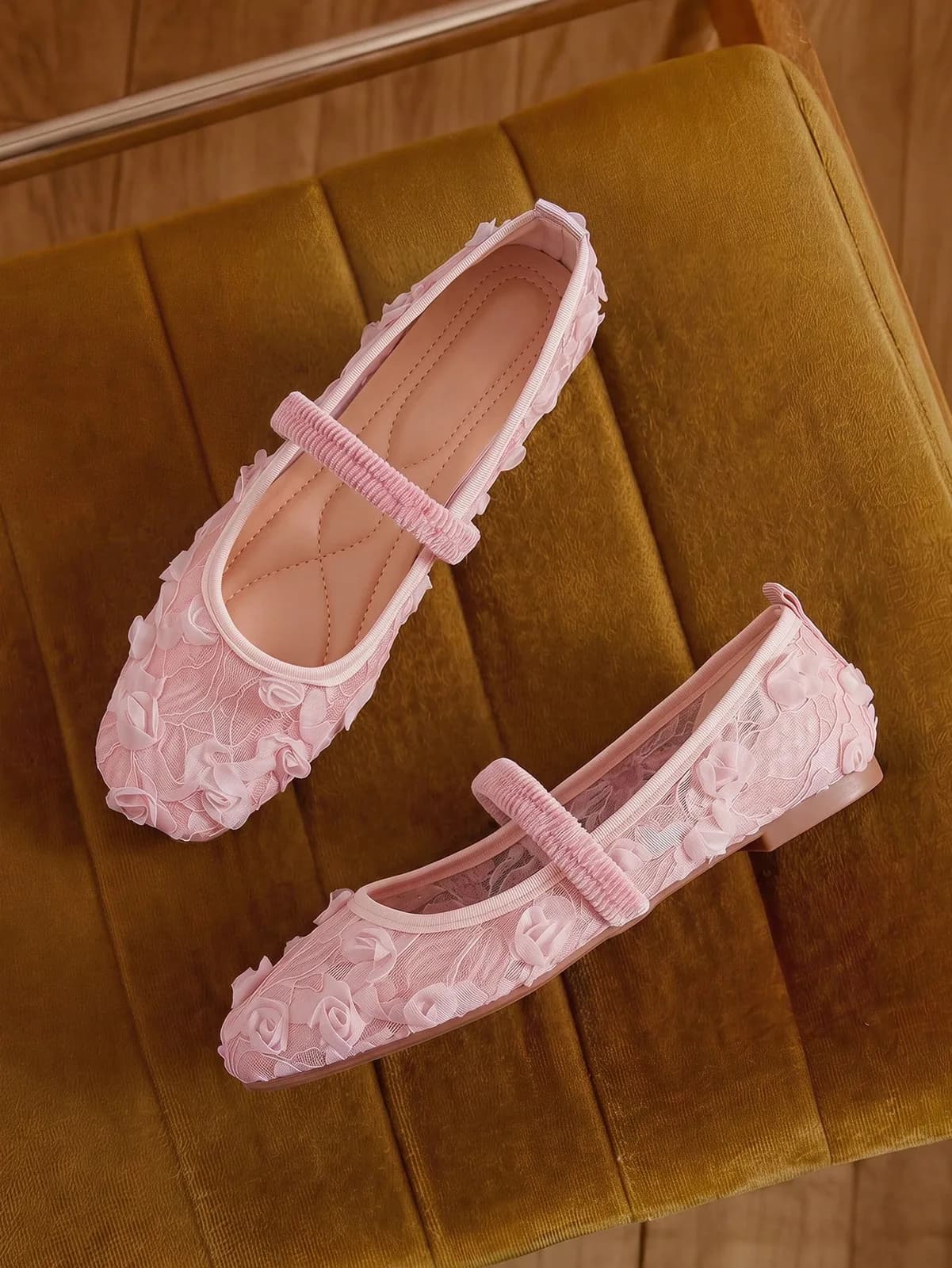 Ballerines Mary Jane en dentelle transparente à fleurs 3D