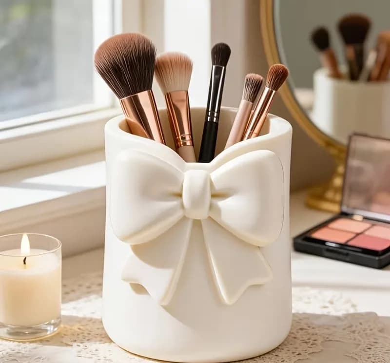 Pot organisateur de pinceaux de maquillage blanc avec nœud en relief 3D