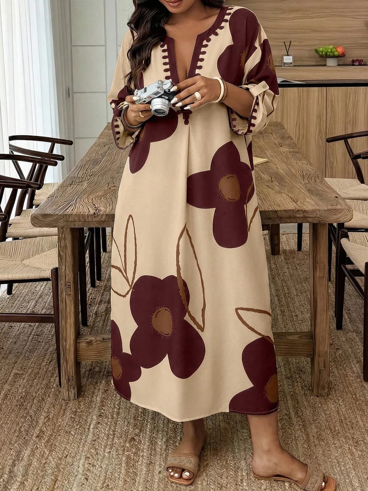 Spring/Summer V-Neck Large Floral Print Loose Long Sleeve Casual Beach Vacation Dress Plus Size Elegant