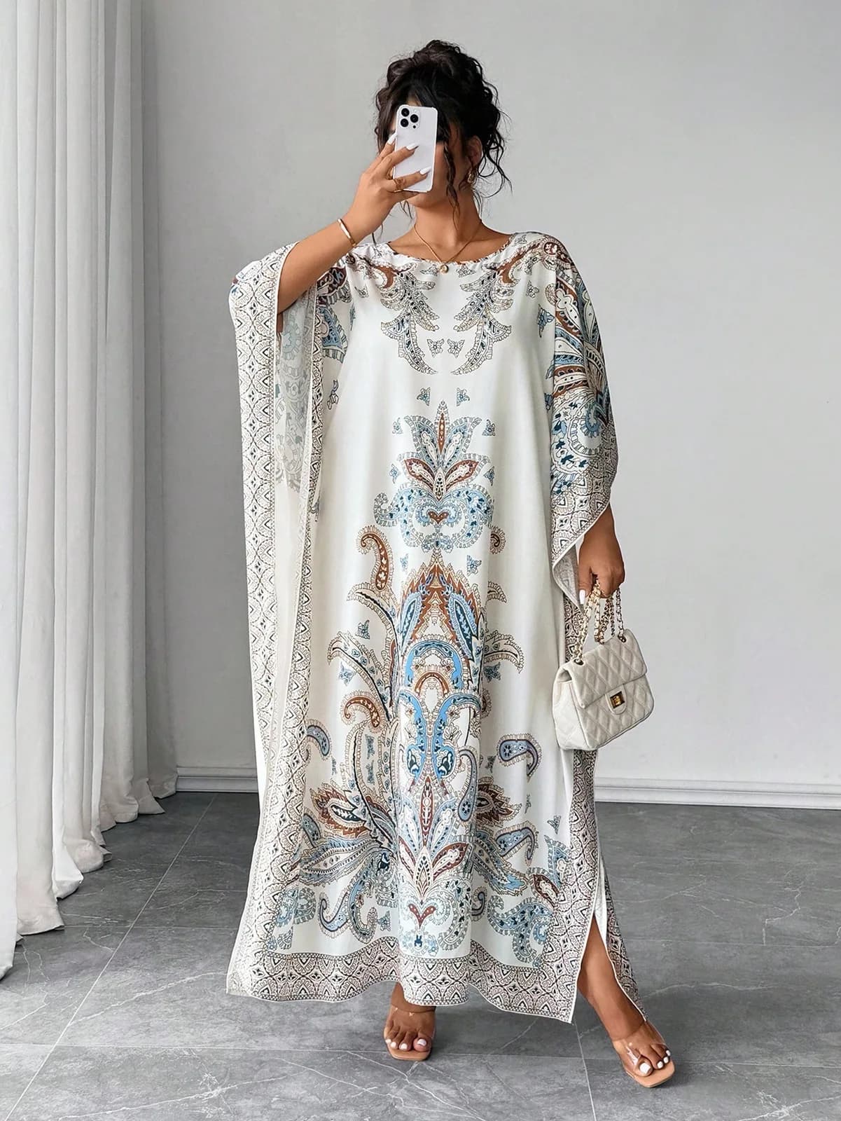 Elenzga Plus Size Batwing Sleeve Round Neck Printed Loose Fit Vacation & Party Dress Abaya Dubai