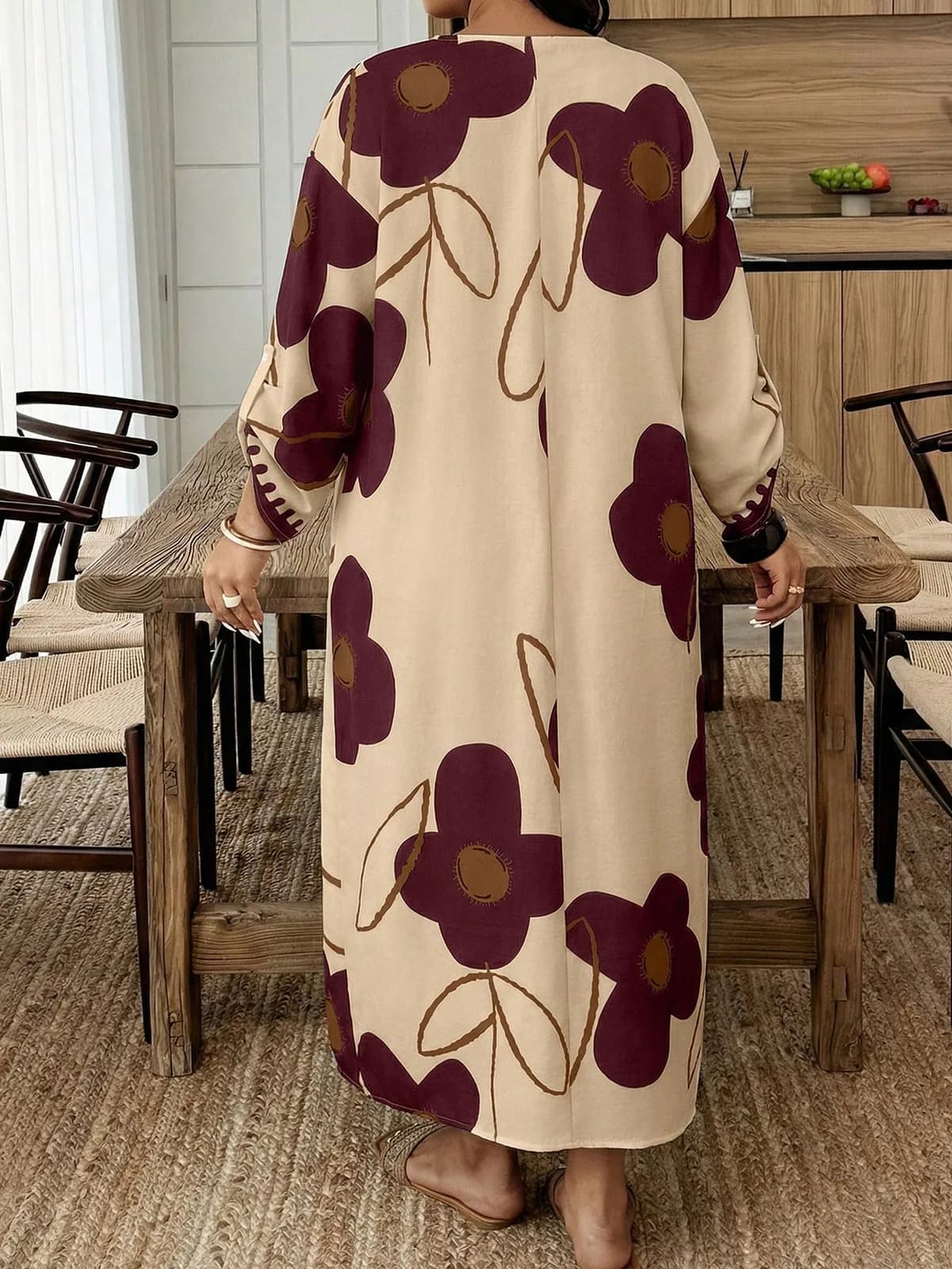 Spring/Summer V-Neck Large Floral Print Loose Long Sleeve Casual Beach Vacation Dress Plus Size Elegant