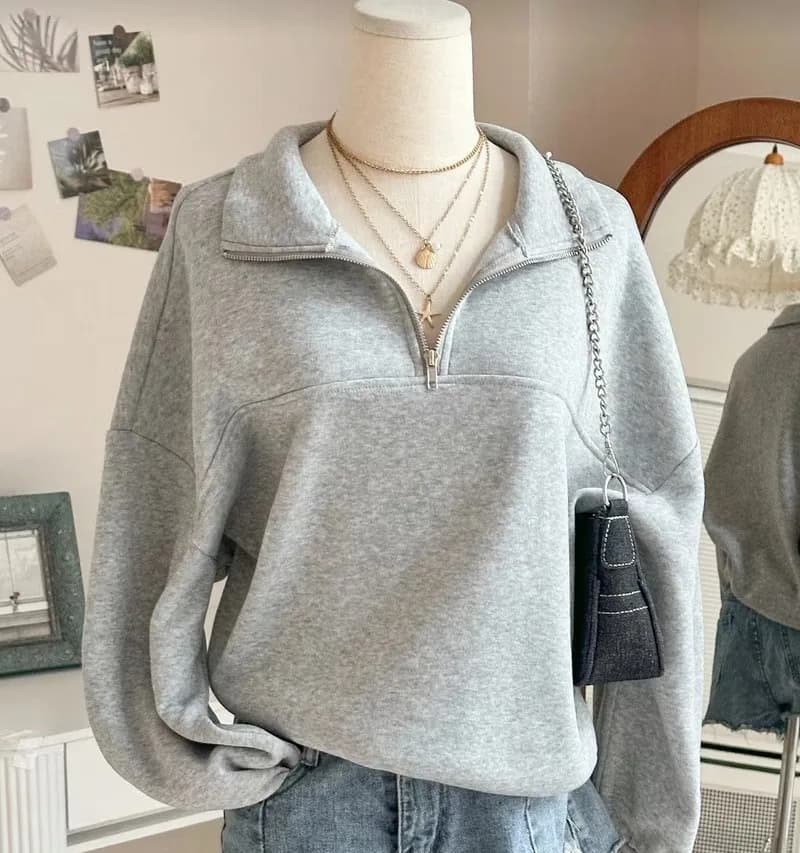 Sweat-shirt col demi-zip ample gris clair décontracté