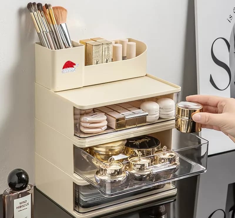 Organisateur de maquillage à tiroirs transparents et compartiments