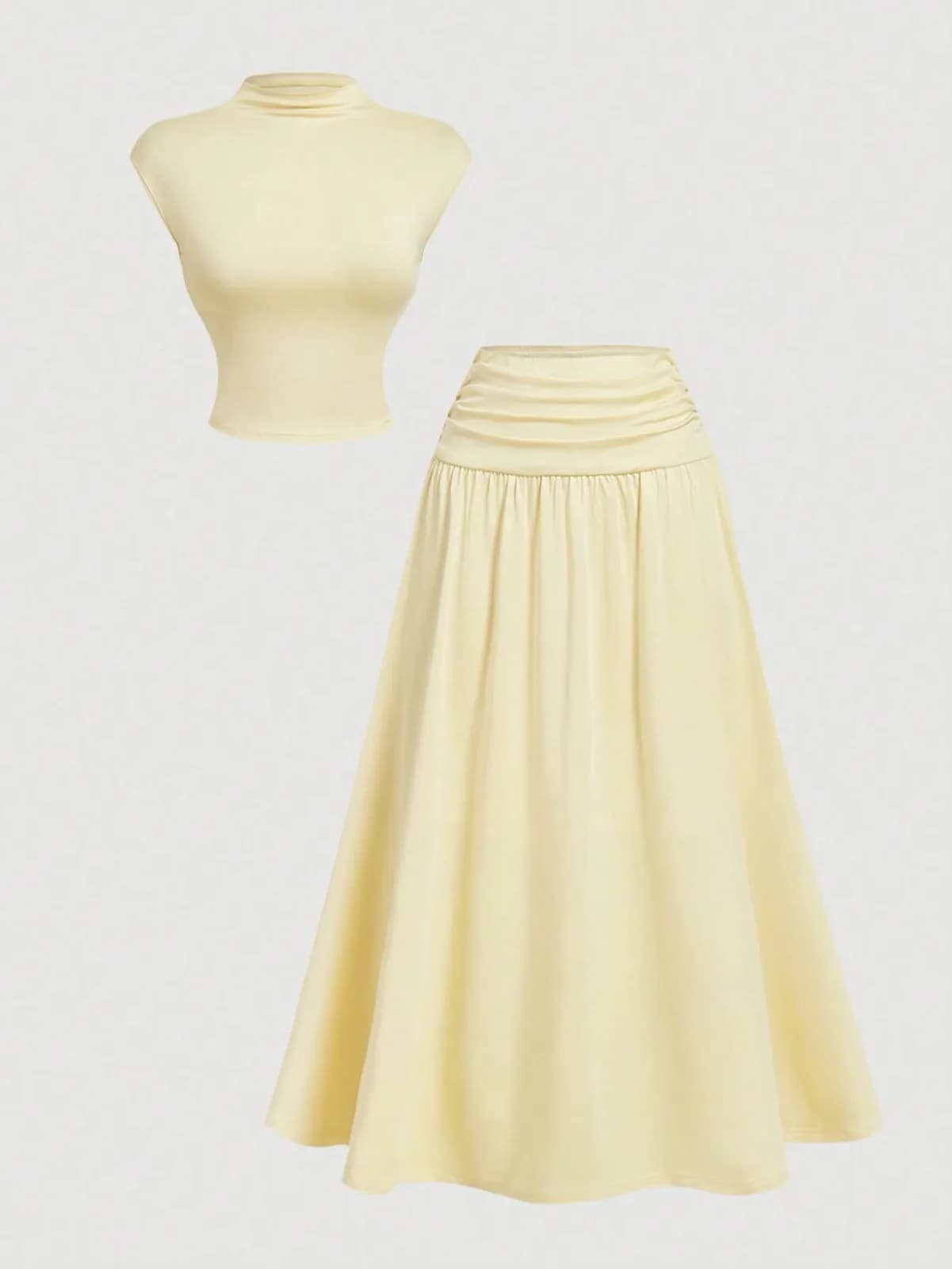 Ensemble deux pièces vert olive fluide avec jupe longue plissée