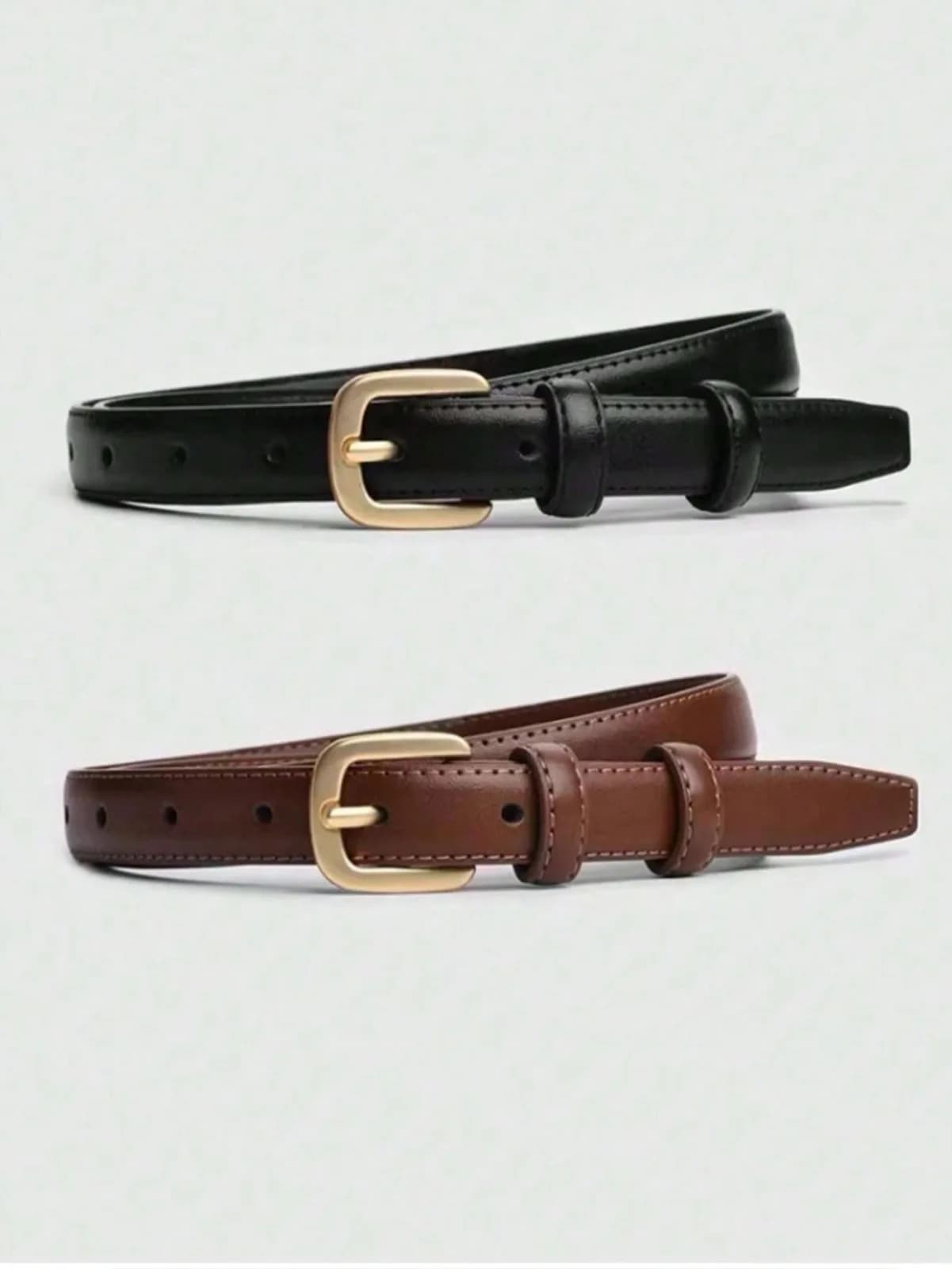 Lot de 2 ceintures fines en similicuir avec boucle dorée (noir et marron)