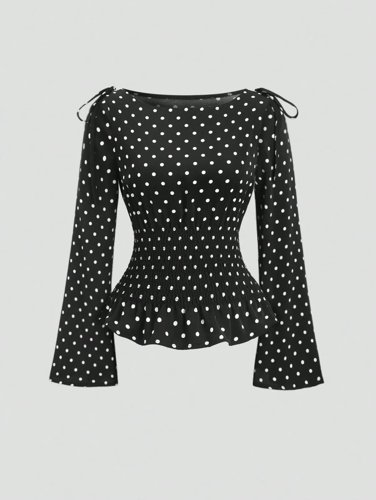 blouse à pois avec taille smockée et nœuds aux épaules