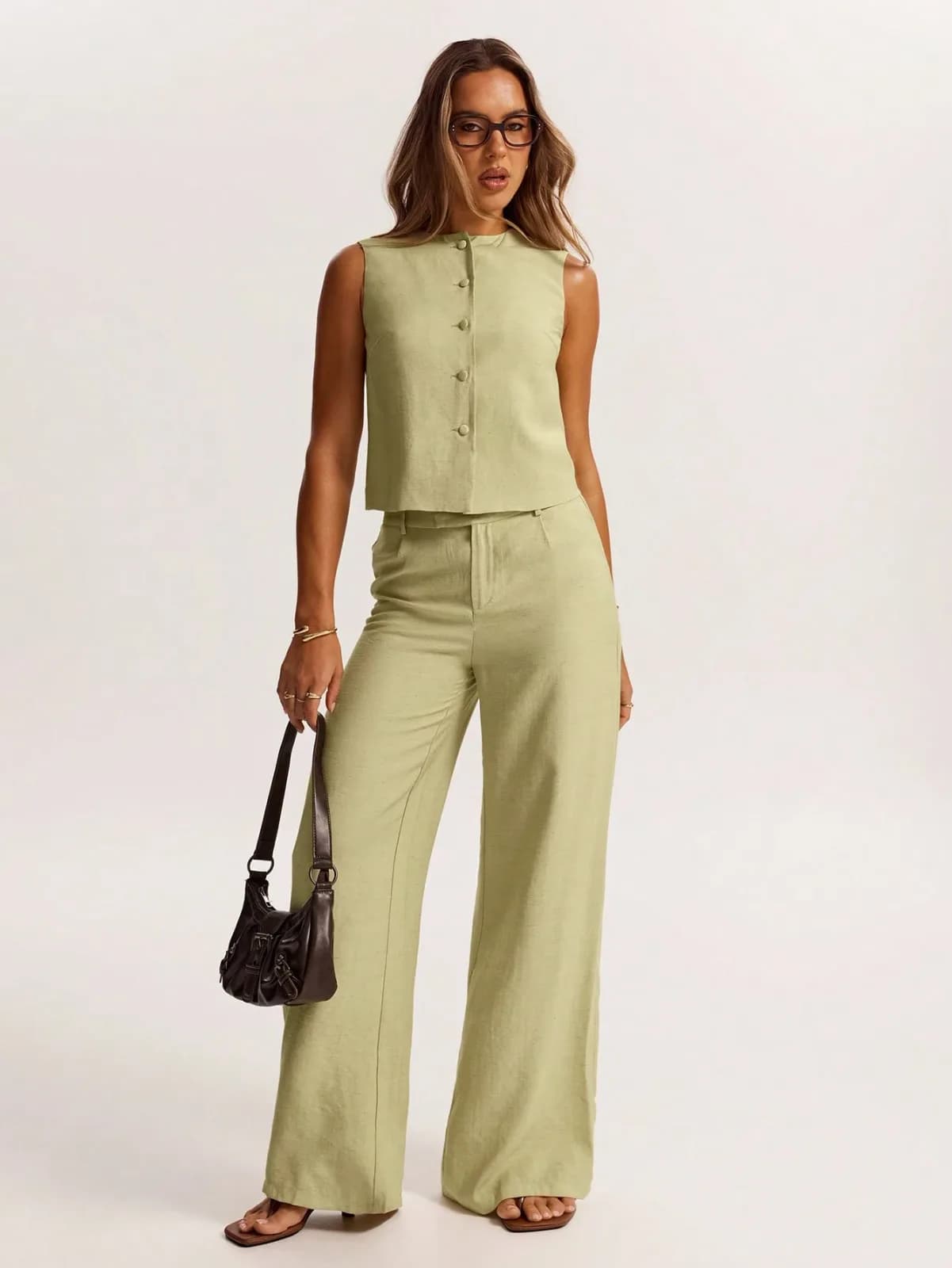 Ensemble 2 pièces gilet sans manches et pantalon large vert sauge en lin