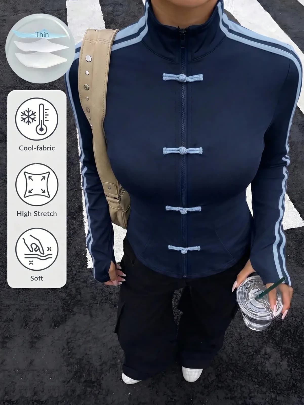 Veste de sport fine bleu marine à fermeture zippée et nœuds chinois