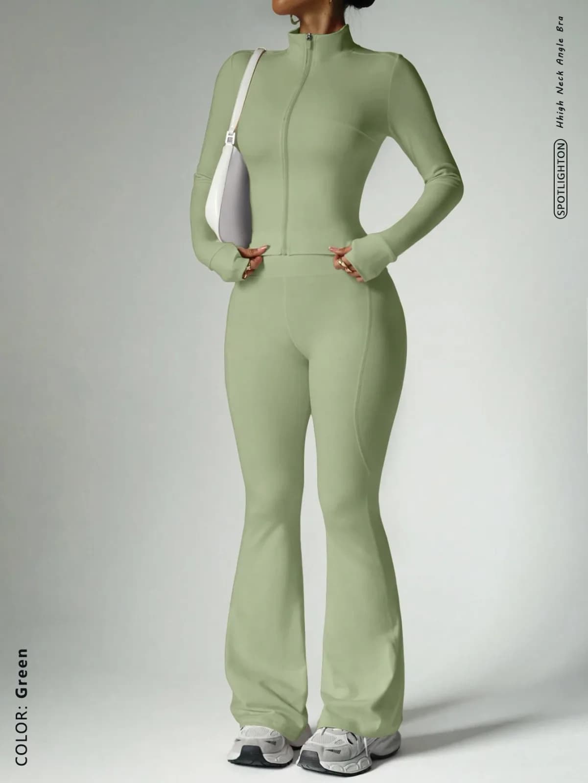 Ensemble de sport 2 pièces vert sauge veste zippée et pantalon évasé