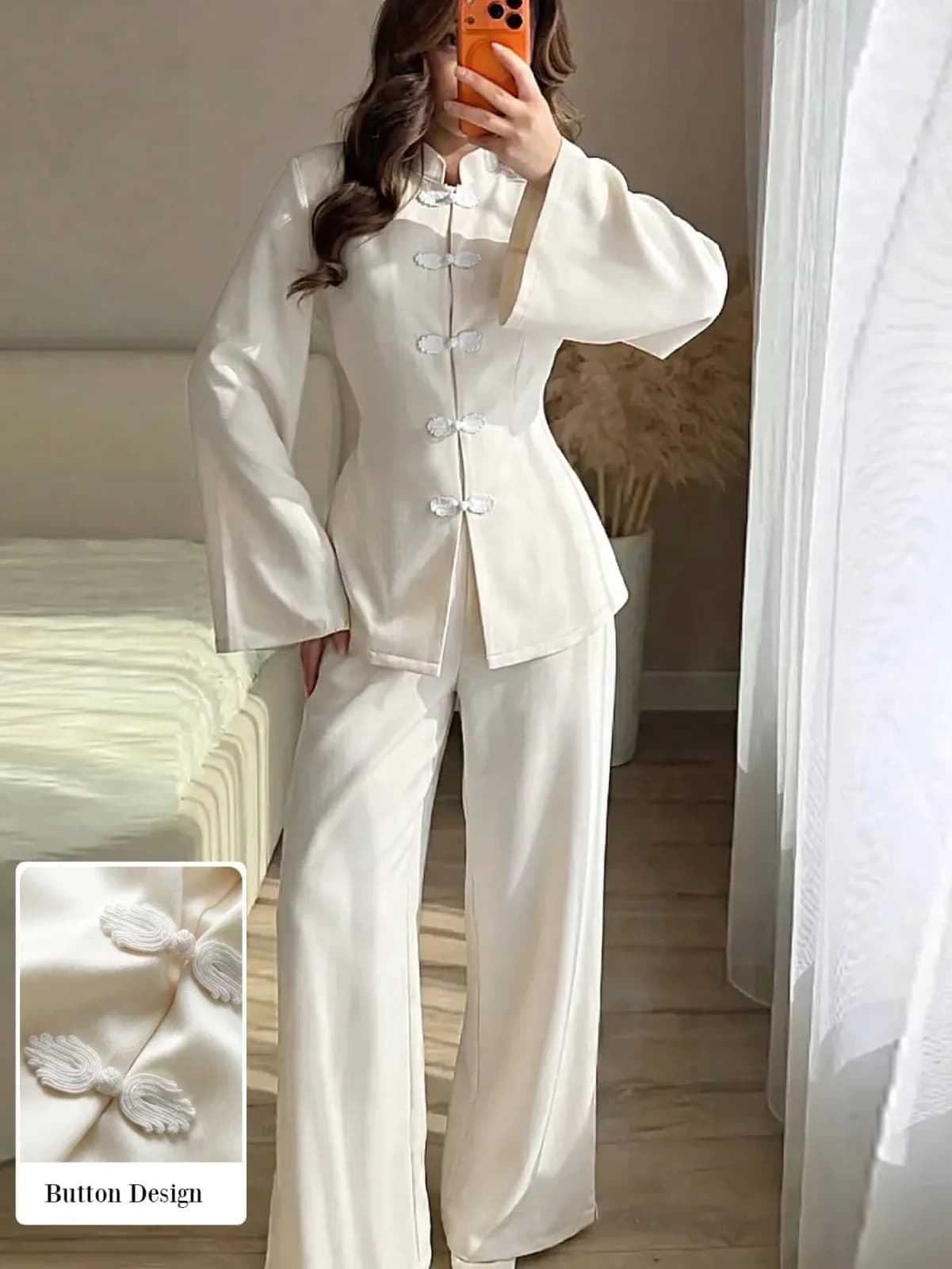 Ensemble 2 pièces blanc cassé style asiatique à boutons grenouille et pantalon