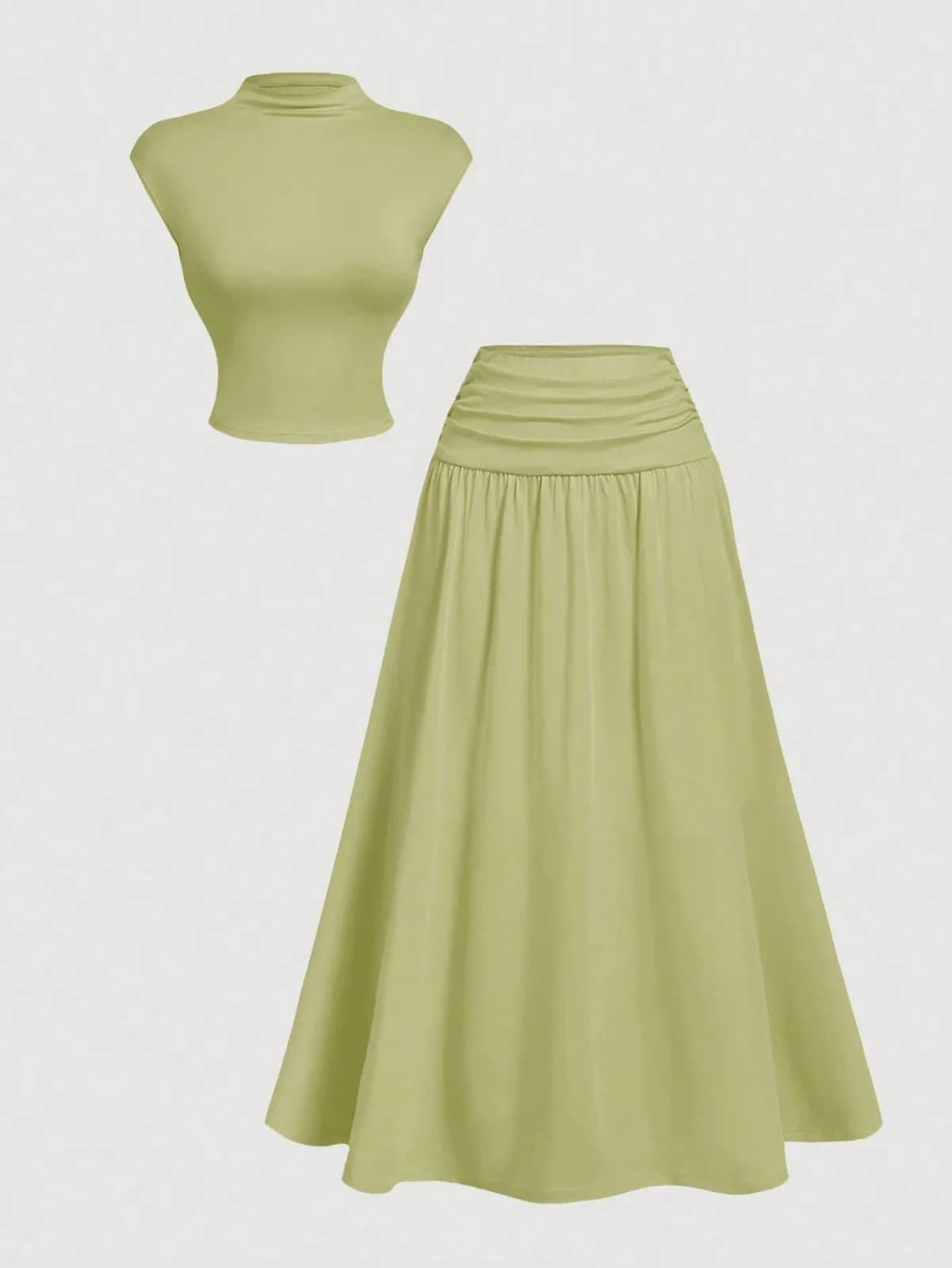 Ensemble deux pièces vert olive fluide avec jupe longue plissée