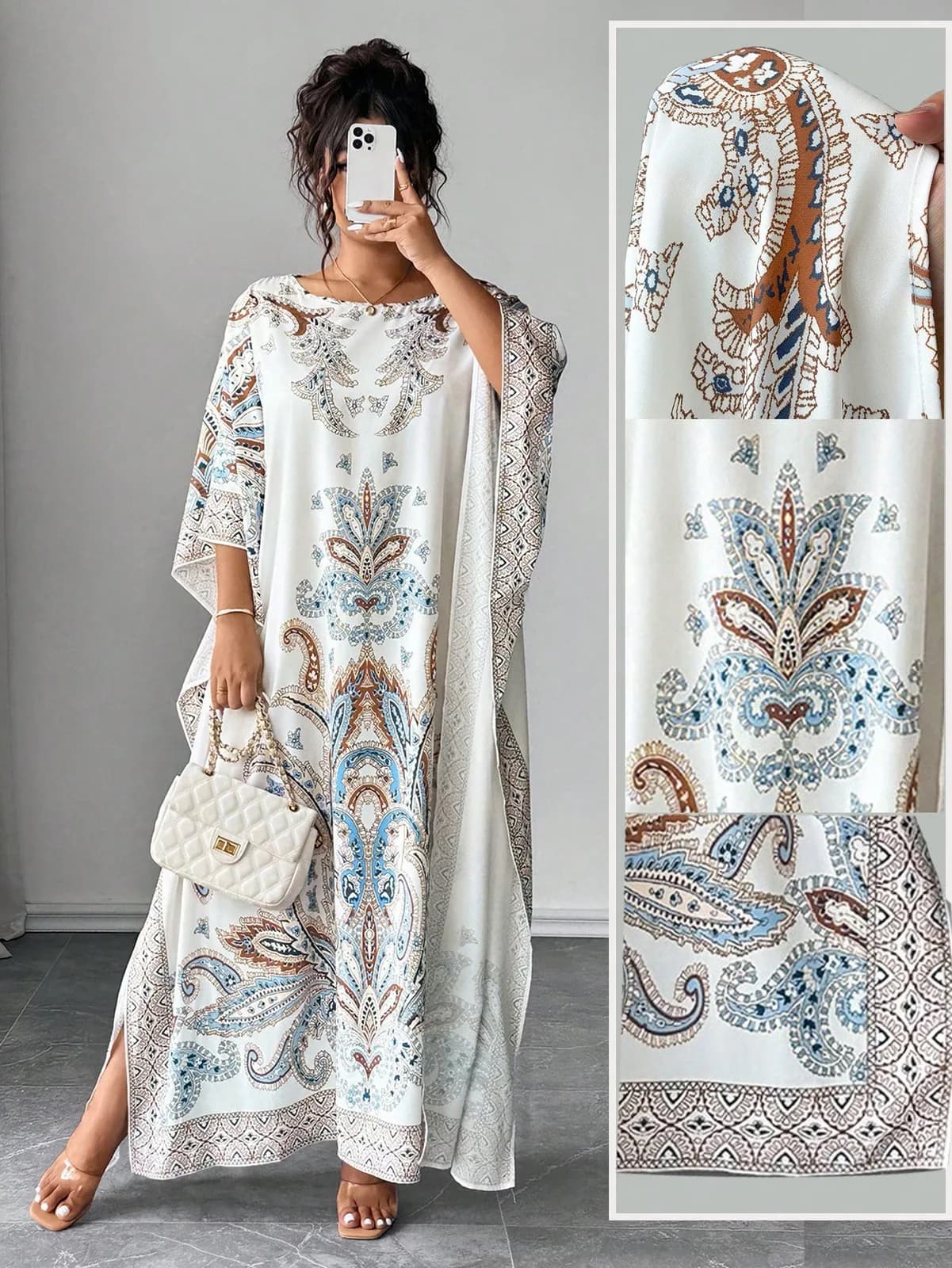 Elenzga Plus Size Batwing Sleeve Round Neck Printed Loose Fit Vacation & Party Dress Abaya Dubai
