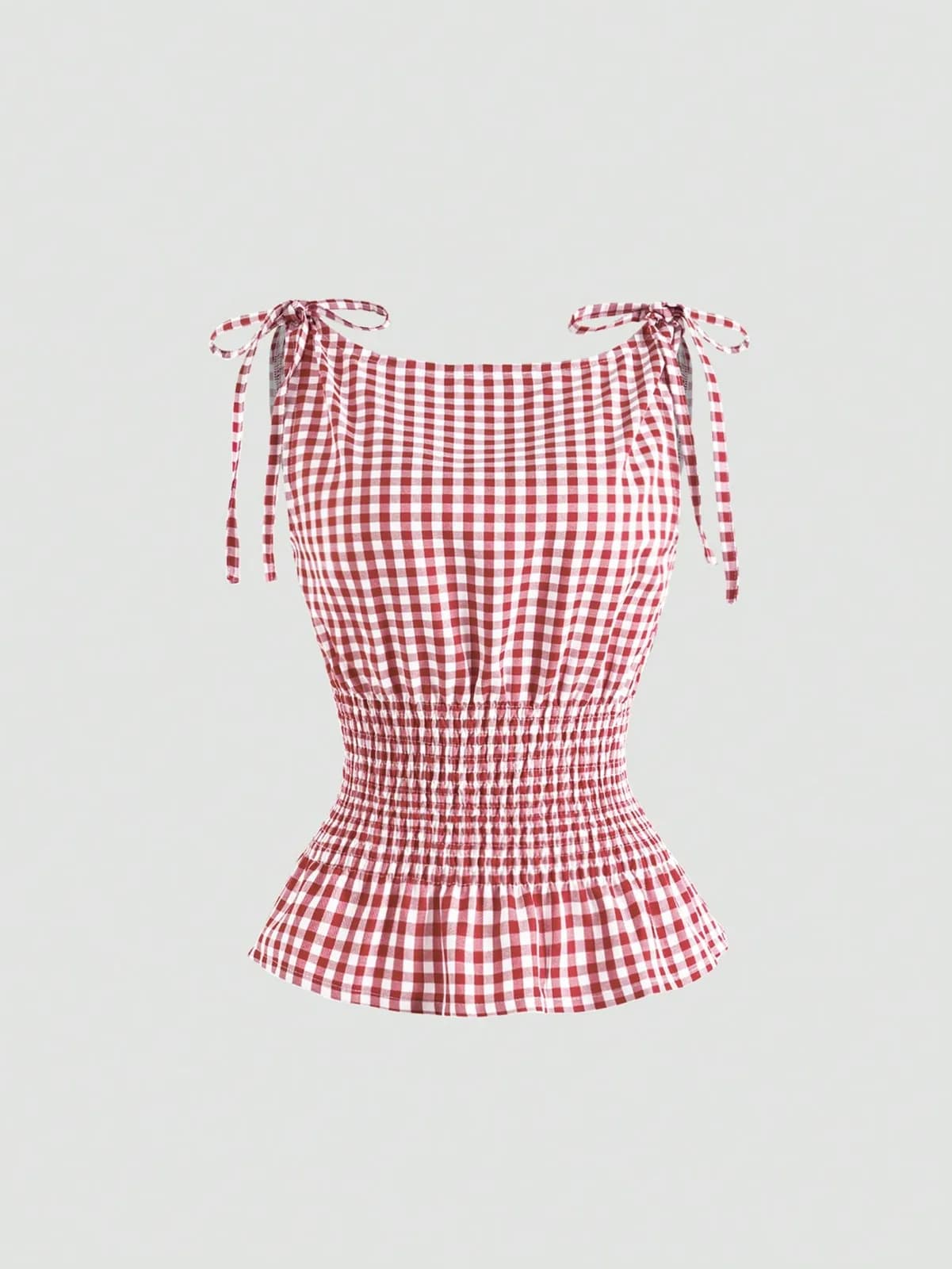 Top vichy rouge à bretelles nouées et taille smockée Sweetra
