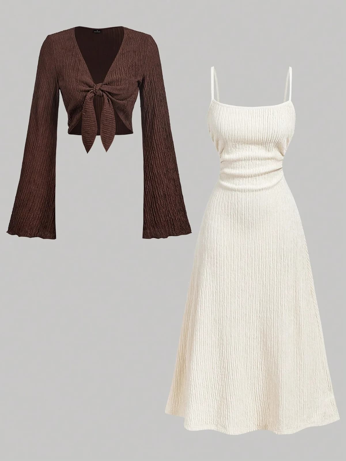Ensemble 2 pièces robe bretelles beige et cache-cœur marron gaufré