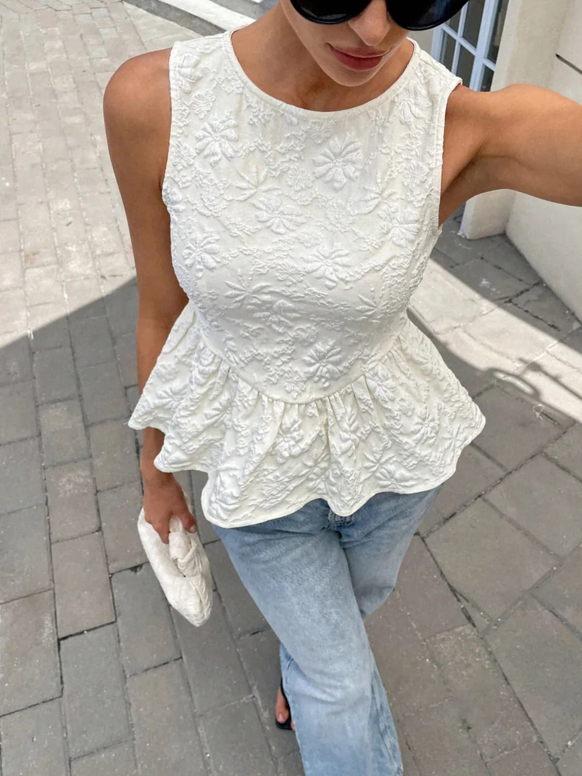 top basque sans manches en jacquard floral