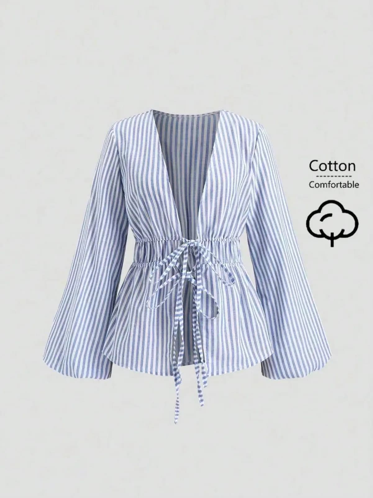 Blouse rayée en coton, manches cloche et taille nouée Sweetra