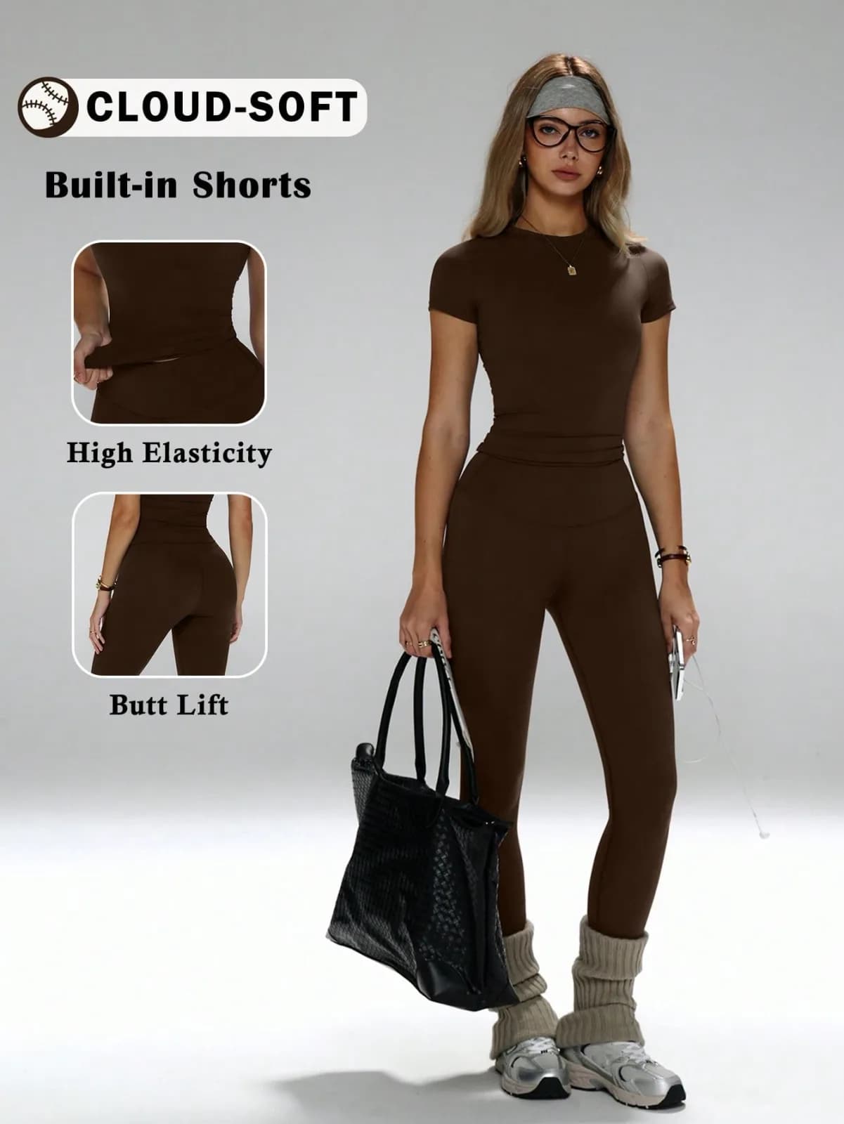 Ensemble de sport 2 pièces marron t-shirt ajusté et legging taille haute
