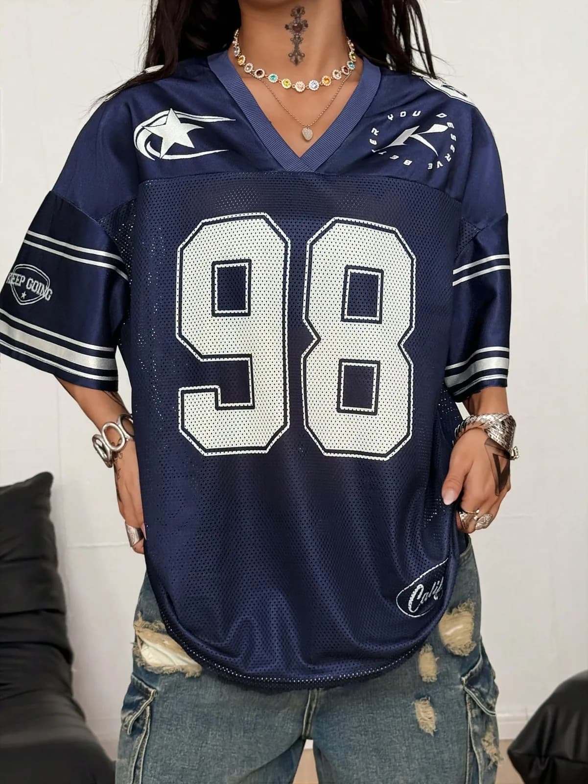 Maillot de football américain bleu marine "98" style Y2K en maille filet