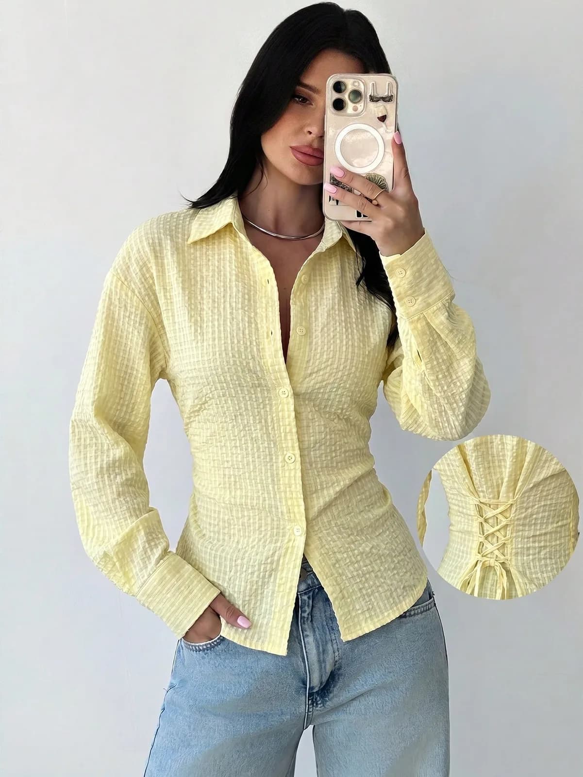 chemise cintrée en tissu gaufre avec laçage au dos