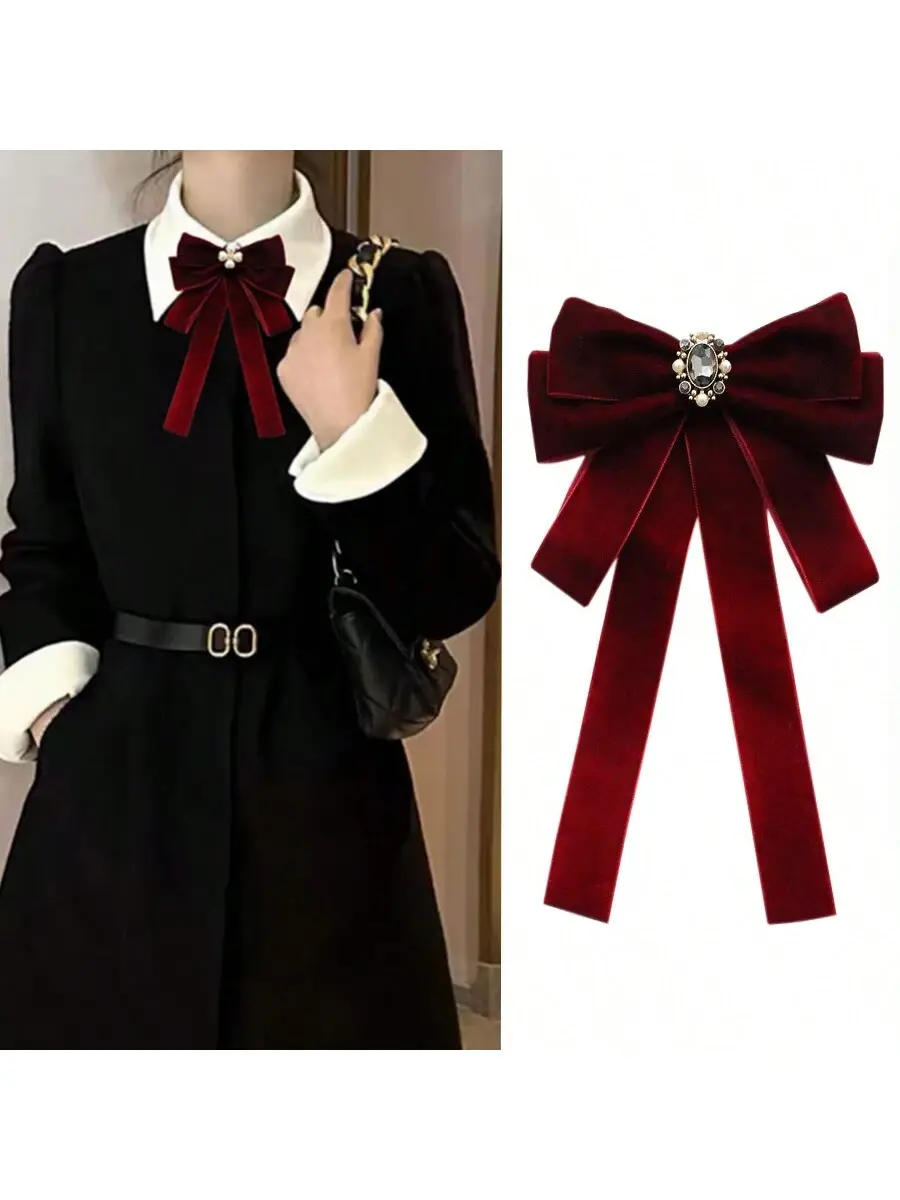 Broche nœud en velours bordeaux à strass et perles