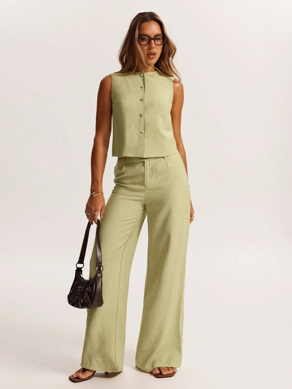 Ensemble 2 pièces gilet sans manches et pantalon large vert sauge en lin