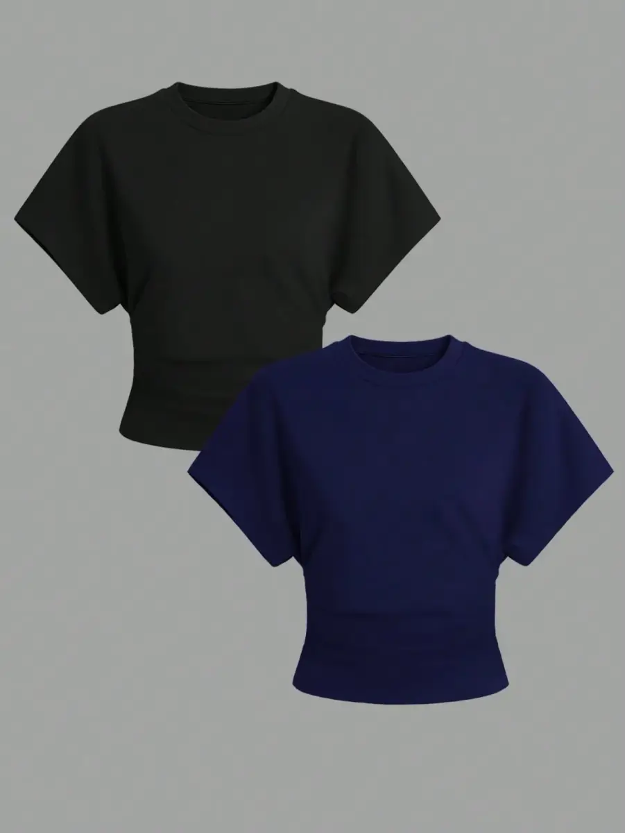 Lot de 2 t-shirts courts à manches chauve-souris et taille cintré (noir et bleu marine)