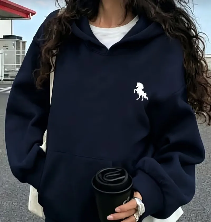 Sweat à capuche oversize bleu marine avec broderie cheval