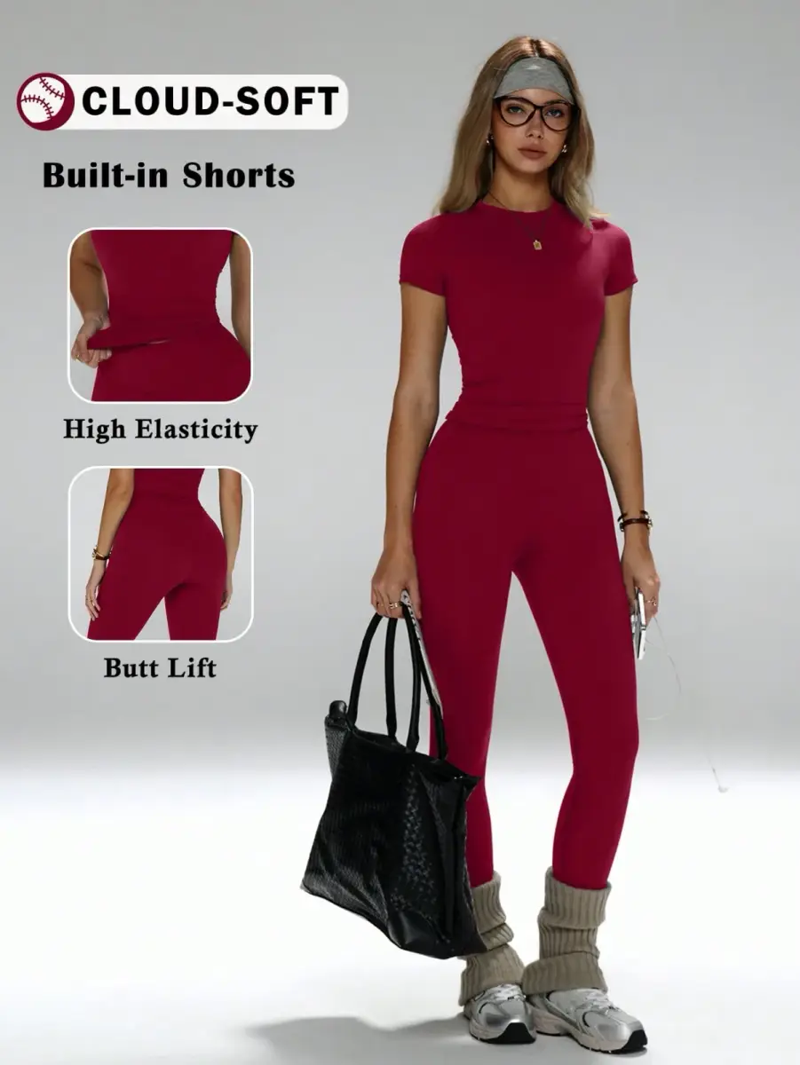 Ensemble de sport 2 pièces marron t-shirt ajusté et legging taille haute