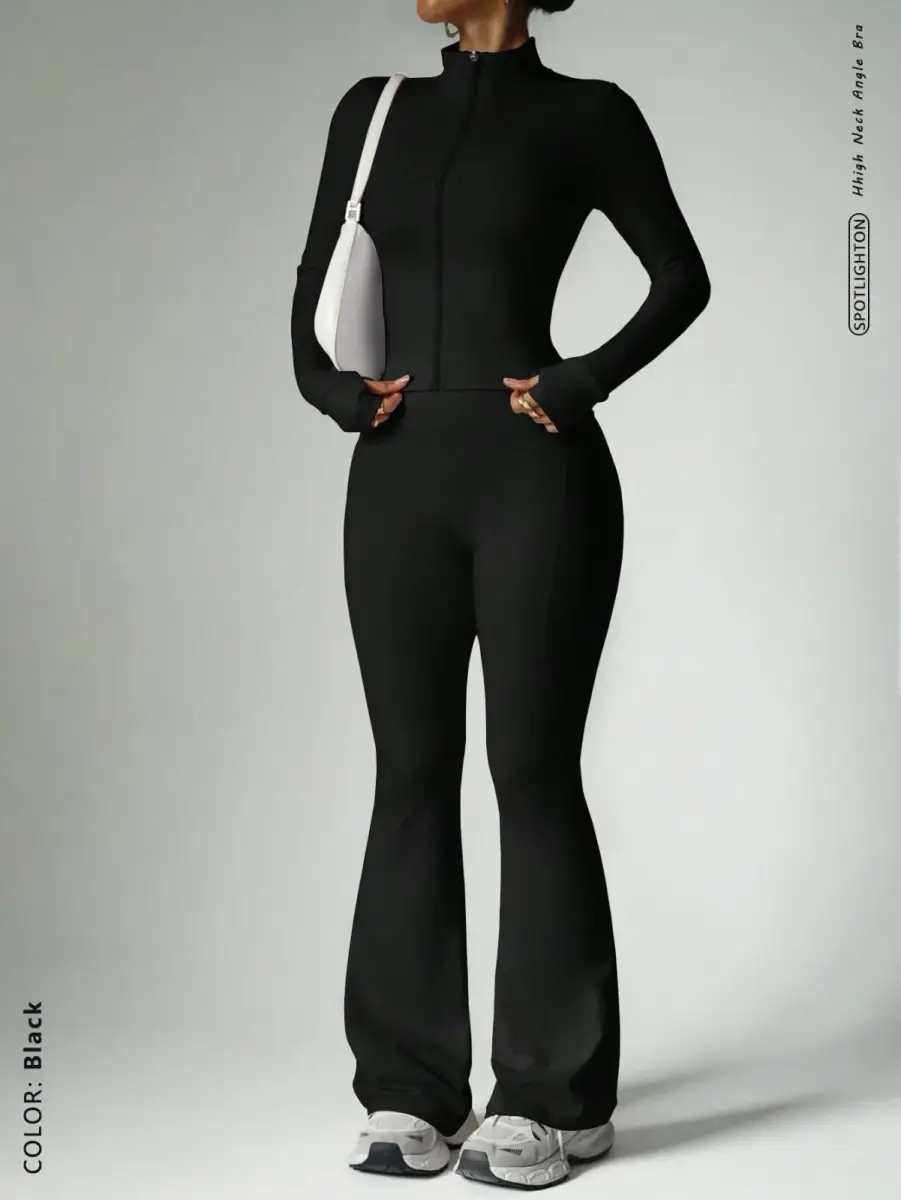 Ensemble de sport 2 pièces vert sauge veste zippée et pantalon évasé