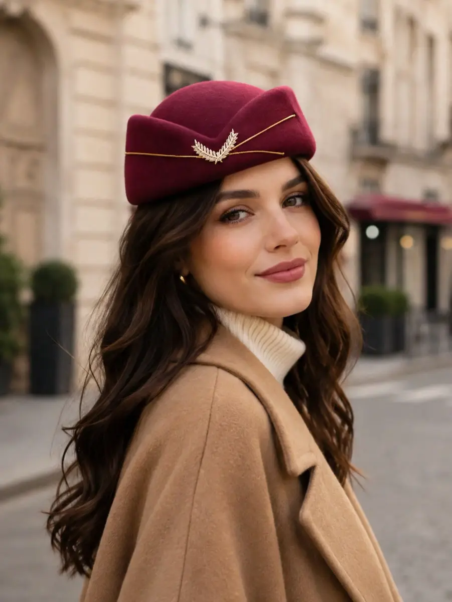 Chapeau bibi rétro bordeaux à détails dorés d'inspiration hôtesse